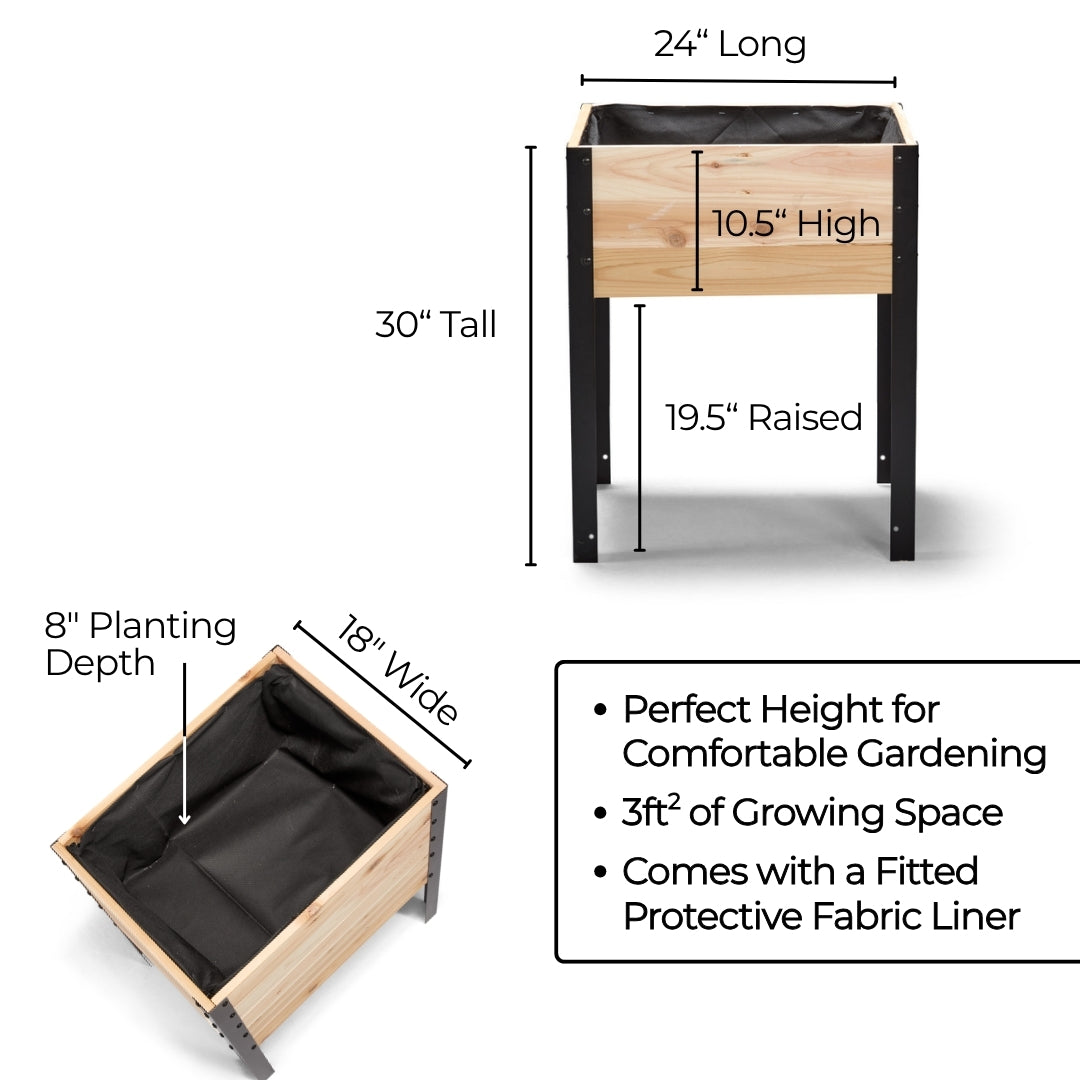 Wooden planter box with dimensions and features on a white background