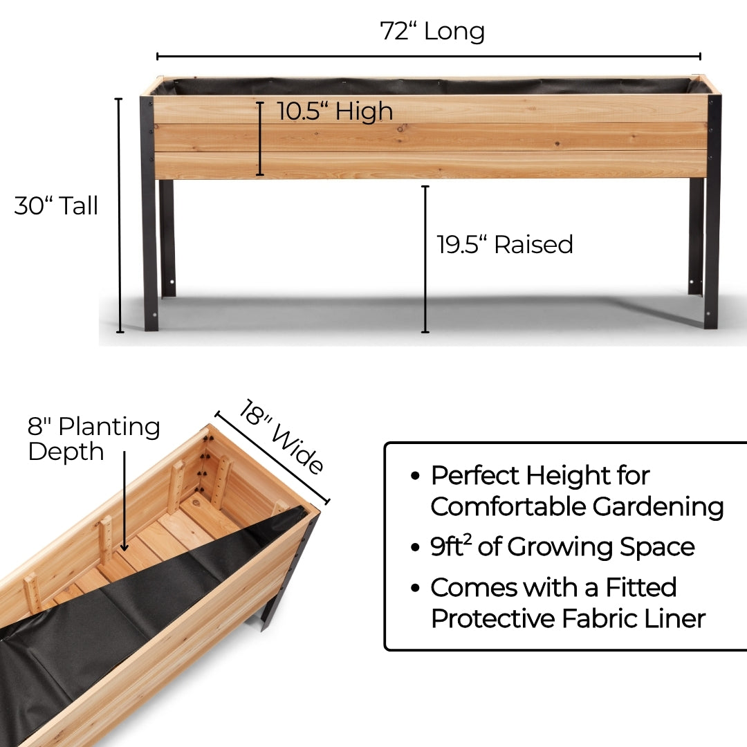 11.5″ x 72″ Shallow Root Raised Garden Bed - 30″ TALL / Garden Grade