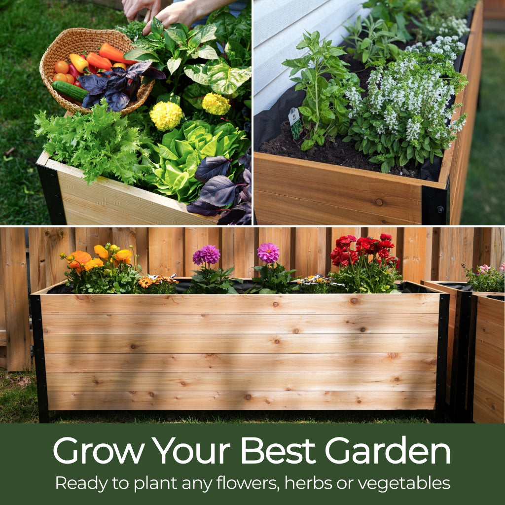 Collage of wooden garden planters with plants and flowers, promoting gardening.