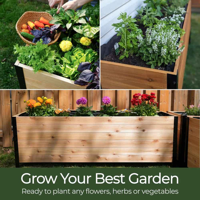Collage of wooden garden planters with plants and flowers, promoting gardening.