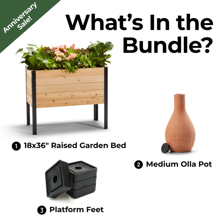 7-Year Anniversary Bundle: 18″ × 36″ Deep Root Raised Garden Bed + Platform Feet + Olla Pot