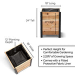 Wooden planter box with dimensions and features highlighted on a white background