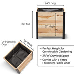 Wooden planter box with dimensions and features on a white background