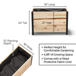 Wooden planter box with dimensions and features on a white background