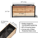 Wooden planter box with dimensions and features on a white background