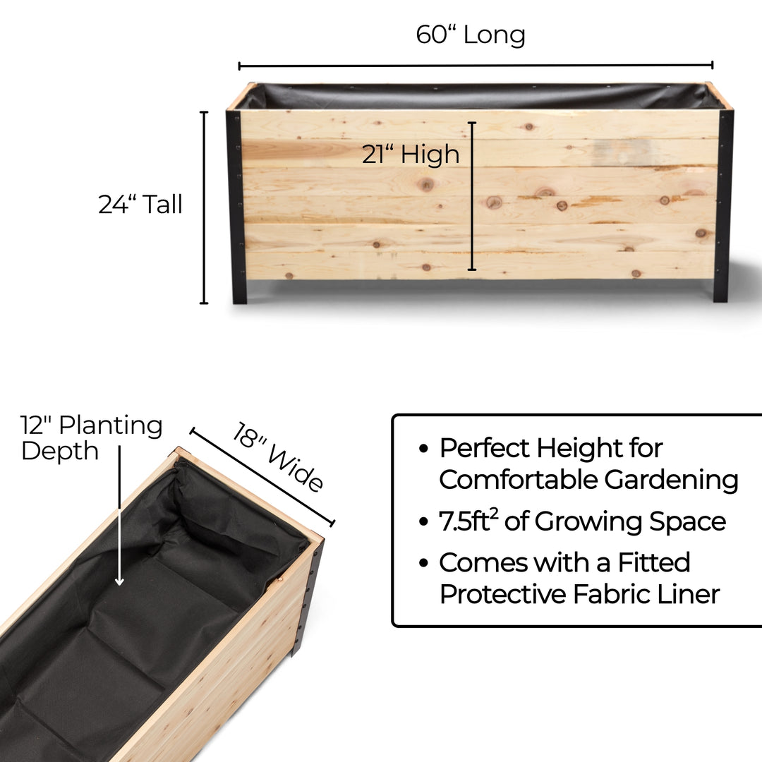 Wooden planter box with dimensions and features on a white background