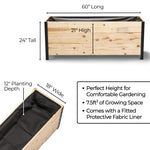 Wooden planter box with dimensions and features on a white background