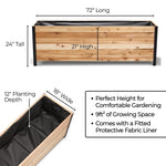 Wooden planter box with dimensions and features on a white background