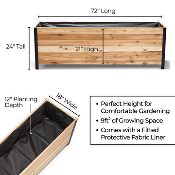 Wooden planter box with dimensions and features on a white background