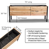 Wooden raised garden bed with dimensions and features on a white background