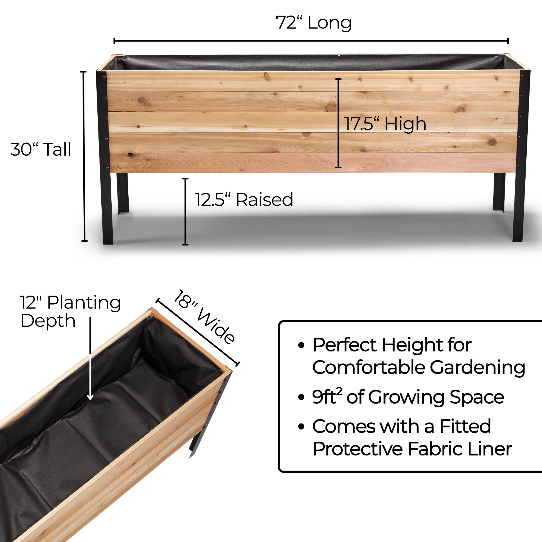 Wooden raised garden bed with dimensions and features on a white background