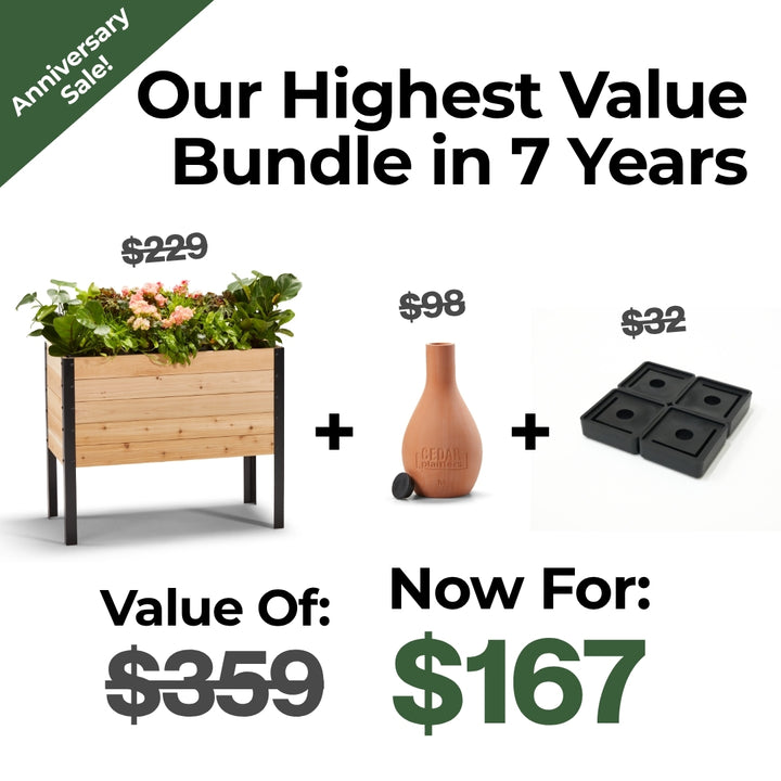 7-Year Anniversary Bundle: 18″ × 36″ Deep Root Raised Garden Bed + Platform Feet + Olla Pot