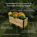 Wooden planter box with flowers labeled for features like pest protection, breathable design, and insulated roots.