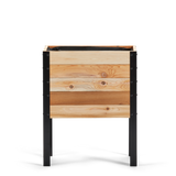 Wooden planter box with black metal frame on a white background
