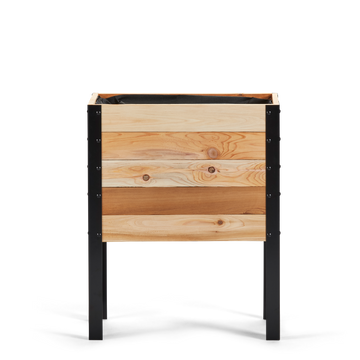Wooden planter box with black metal frame on a white background