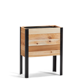 Wooden planter box with black metal legs on a white background