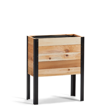 Wooden planter box with black metal legs on a white background