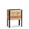 Wooden planter box with black metal legs on a white background