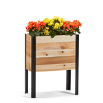 Wooden planter box with colorful flowers on a white background