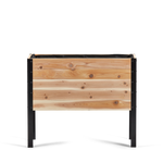 Wooden planter box with black metal frame on a white background