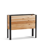 Wooden planter box with black metal legs on a white background