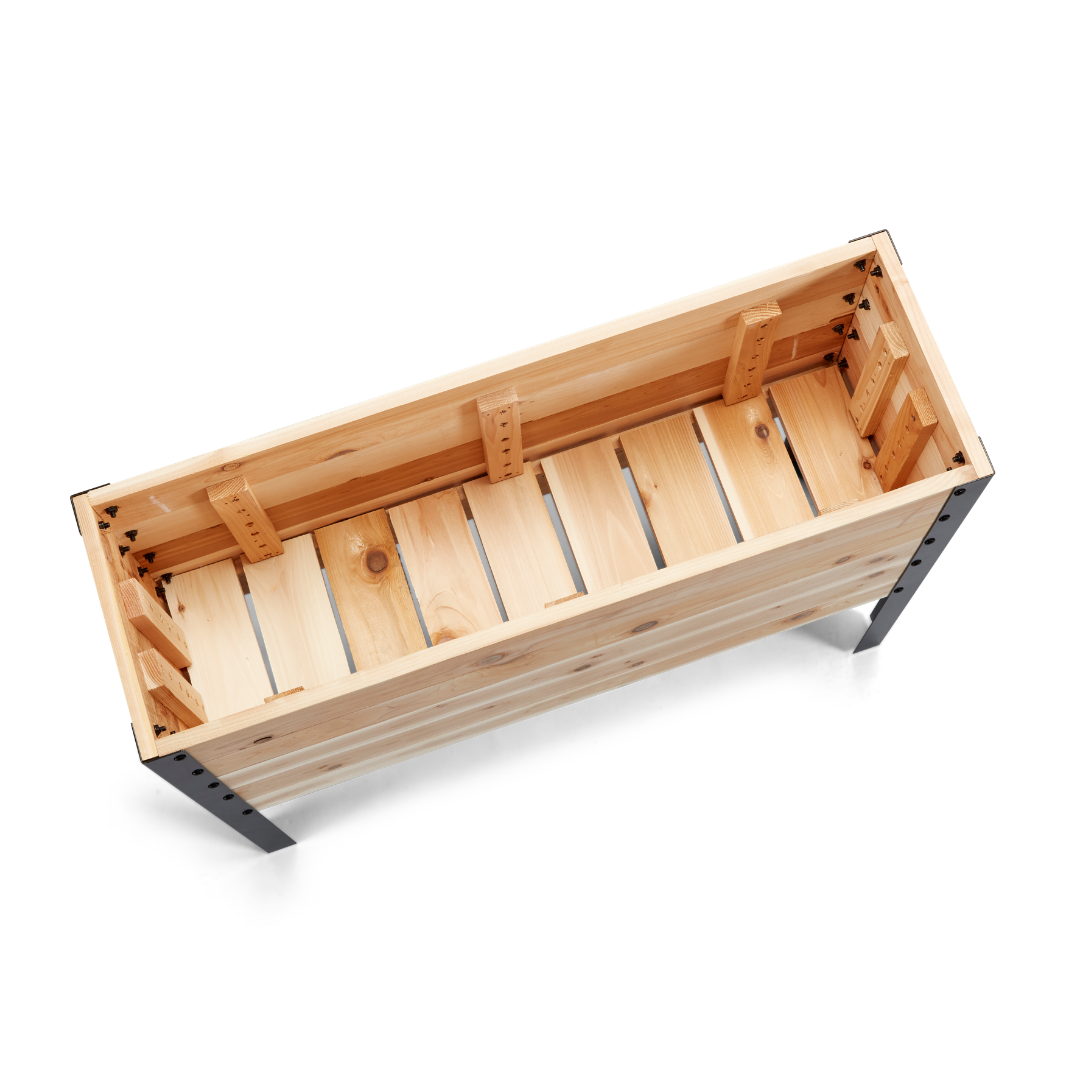 Wooden bench with metal legs on a white background