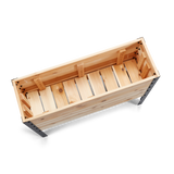 Wooden bench with metal legs on a white background