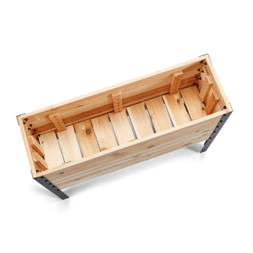 Wooden bench with metal legs on a white background