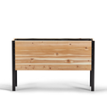Wooden planter box with black metal frame on a white background
