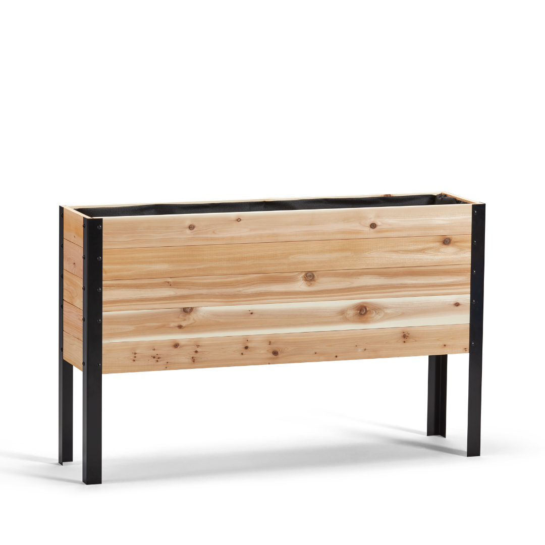 Wooden planter box with black metal legs on a white background