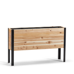 Wooden planter box with black metal legs on a white background
