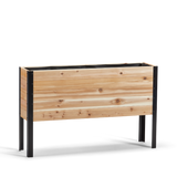 Wooden planter box with black metal legs on a white background
