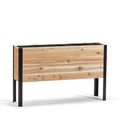 Wooden planter box with black metal legs on a white background