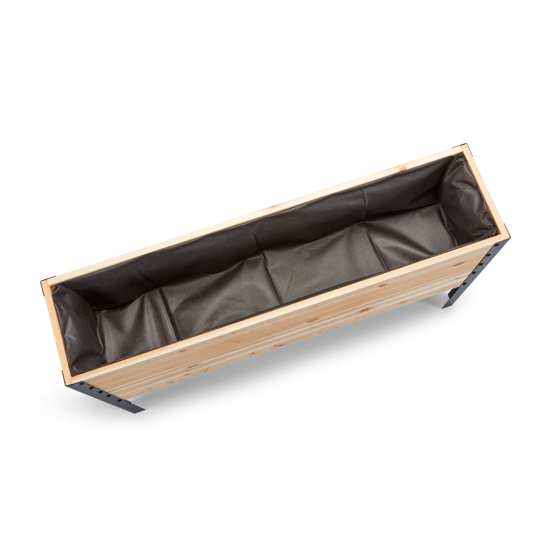 Wooden planter box with black interior on a white background