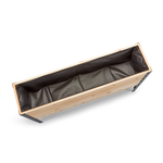 Wooden planter box with black interior on a white background