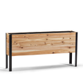 Wooden planter box with black metal frame on a white background