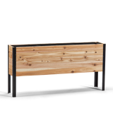 Wooden planter box with black metal frame on a white background