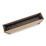 Rectangular planter with wooden frame and black liner on a white background