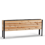 Wooden planter box with black metal frame on a white background