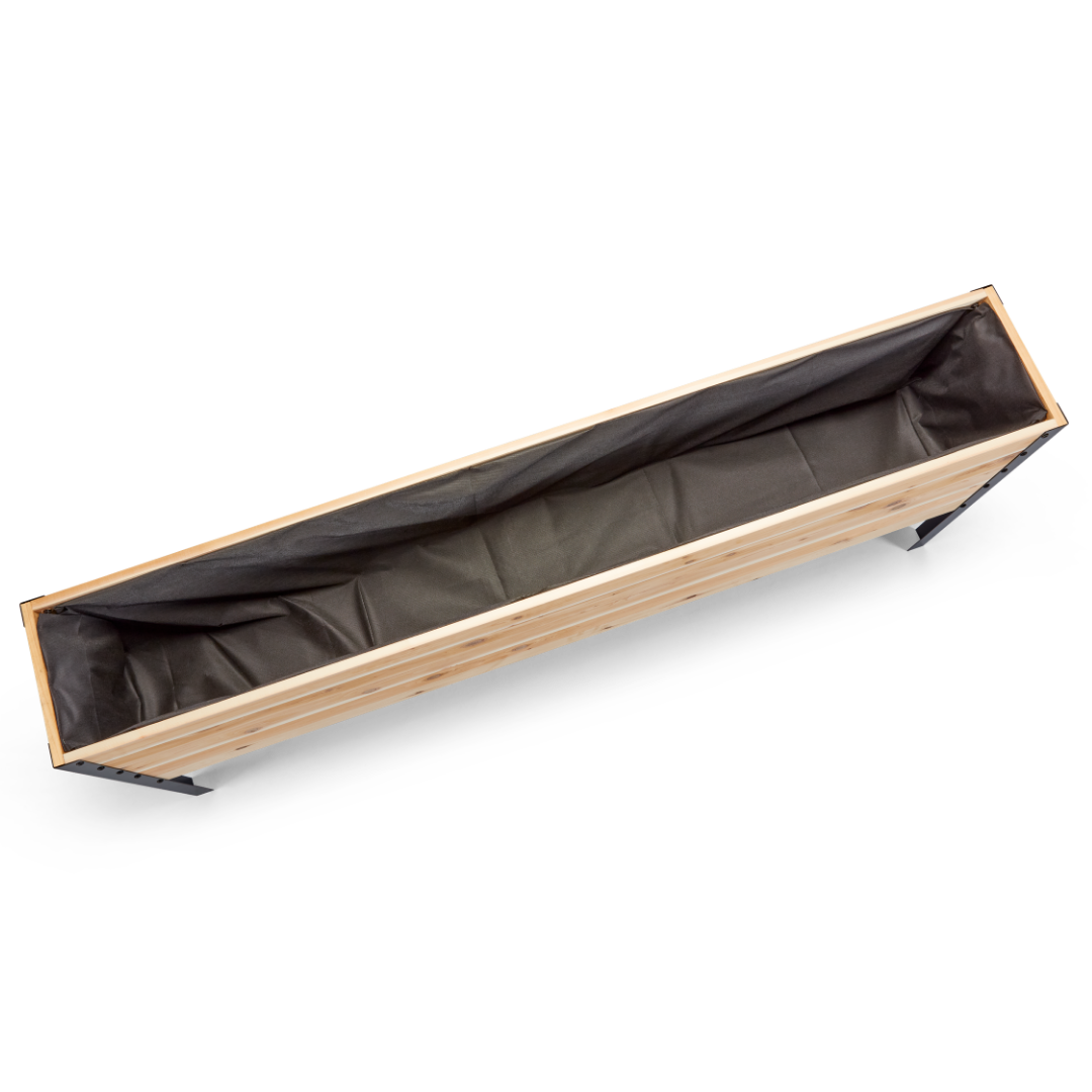 Wooden planter box with black interior on a white background