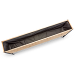 Wooden planter box with black interior on a white background