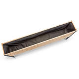 Wooden planter box with black interior on a white background