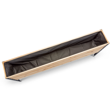 Wooden planter box with black interior on a white background