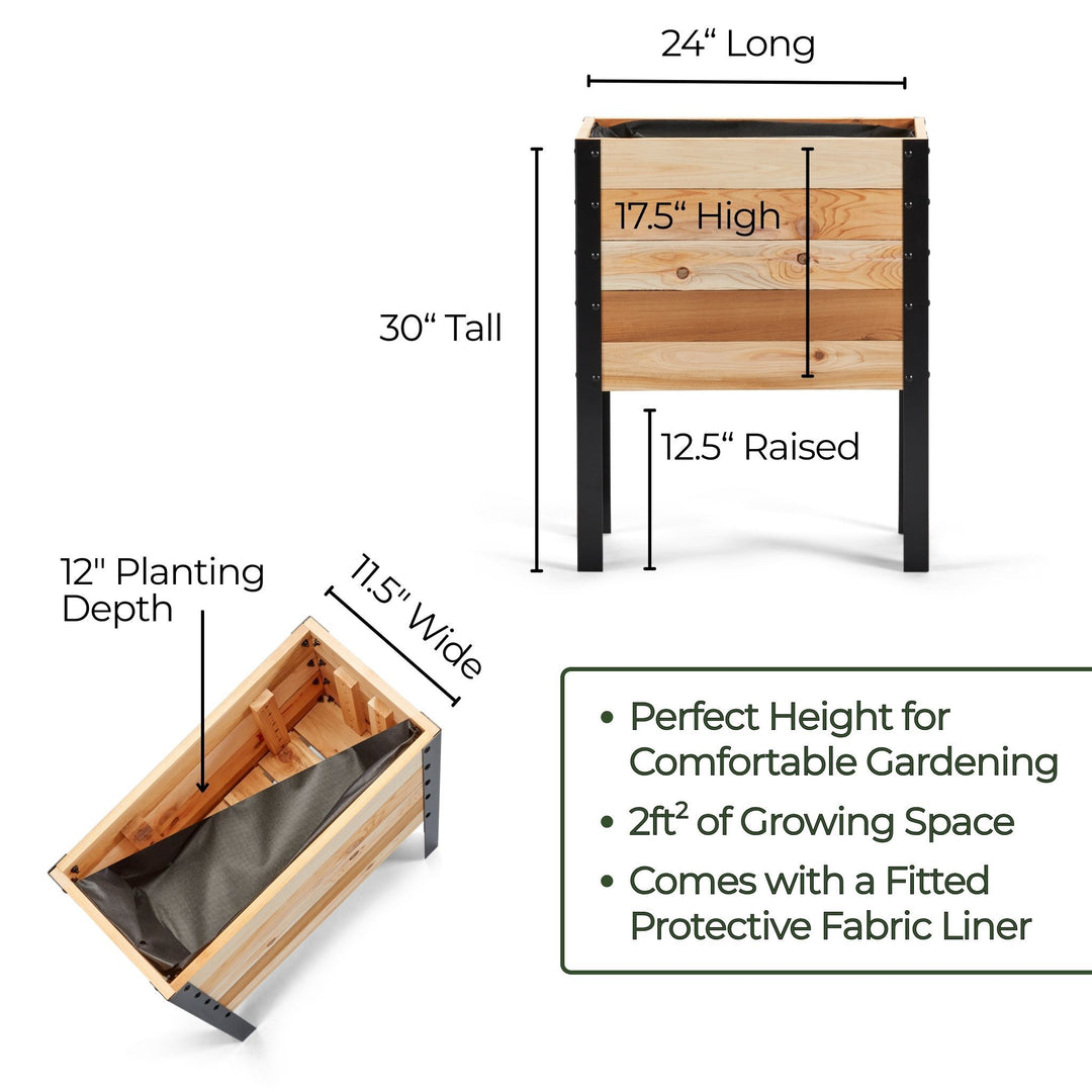 Wooden planter box with dimensions and features on a white background