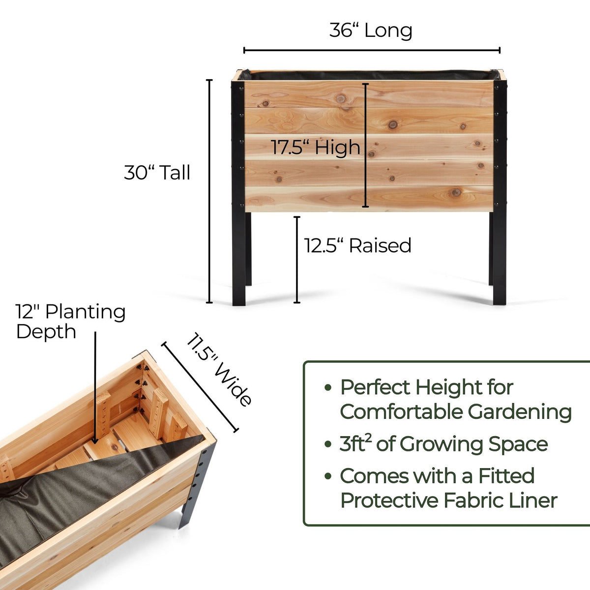 Wooden raised garden bed with dimensions and features on a white background