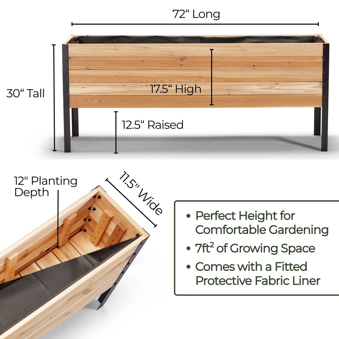 Wooden raised garden bed with dimensions and features listed on a white background