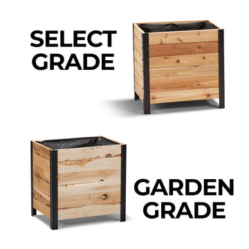 Two wooden planters with black bases, labeled 'Select Grade' and 'Garden Grade'.