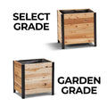 Two wooden planters with black bases, labeled &