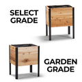 Two wooden planters with black liners, labeled 'Select Grade' and 'Garden Grade'.