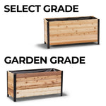 Two wooden planters with metal frames on a white background, labeled 'Select Grade' and 'Garden Grade'.